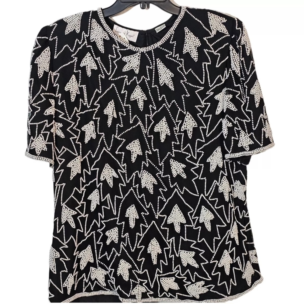 Vintage Lawrence Kazar Beaded Formal Silk Shirt Boxy Top Blouse Women's Size 1X